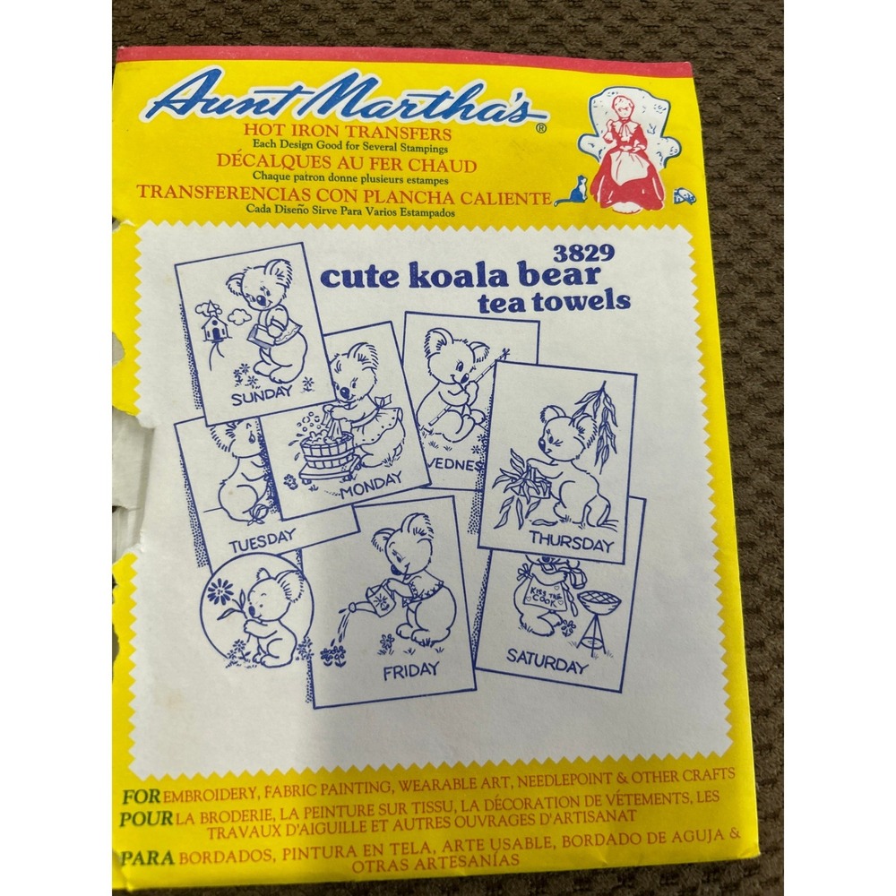 Aunt Martha's 3829 Koala Bear Days Week Hot Iron Transfer Embroidery Pattern